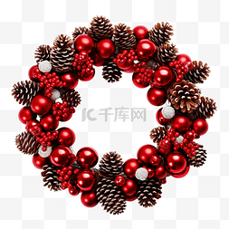 红花环图片_圣诞红色饰品和雪景装饰的松果花