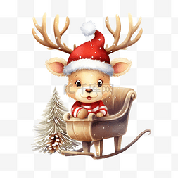 圣诞老人坐在雪橇图片_可爱的圣诞节，圣诞树驯鹿坐在雪