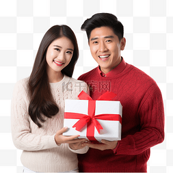 打开着的礼物盒图片_快乐的亚洲夫妇一起拿着打开的圣