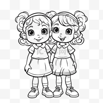 两个小姐妹着色页轮廓素描 向量
