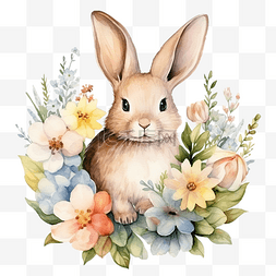 復活節兔子图片_复活节兔子与鲜花水彩插图