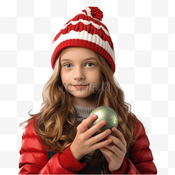 女子特写图片_戴着圣诞帽手里拿着圣诞树玩具的