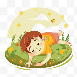 矢量田野花朵图片_躺着的剪贴画孩子睡在田野里，绿