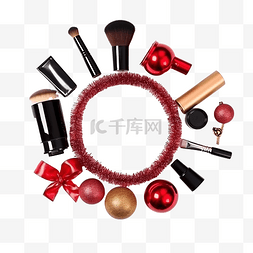 化妆品圣诞图片_化妆刷和带有圣诞装饰品的化妆品