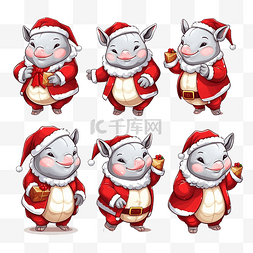 动画贴纸图片_设置可爱的犀牛在圣诞服装卡通动