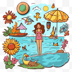 夏天剪贴画女孩站在海边，旁边有