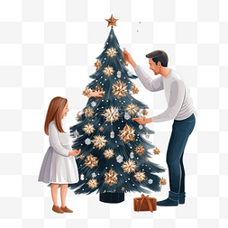 聚焦装饰图片_一家人在晚上装饰圣诞树
