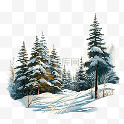 插图冬季森林中的针叶树与大雪堆