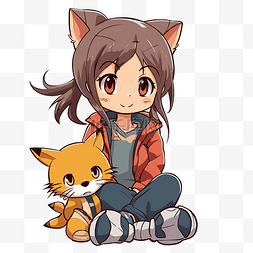 动漫剪贴画狐狸动漫女孩坐在一只