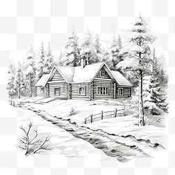 雪中的森林图片_冬季森林素描中的房子