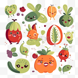 有机剪贴画可爱卡通水果和蔬菜套