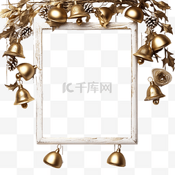 黄花风铃木图片_木桌上有金铃和叶子框架的圣诞装