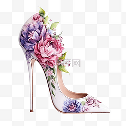 高跟鞋女士图片_水彩高跟鞋与花朵