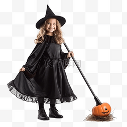 小女孩开心过生日图片_万圣节户外穿着女巫服装拿着扫帚