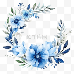 蓝色花装饰图片_水彩叶子和蓝色花花束花圈框架数