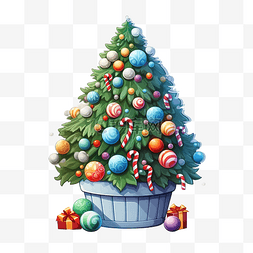 中球贺卡图片_卡通风格的冷杉与玩具圣诞树在盆