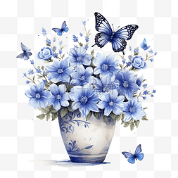 花盆里有蓝色的花，还有蝴蝶在飞