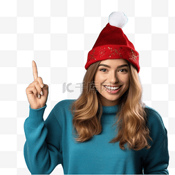 點擊手指图片_戴着圣诞帽的女孩在透明屏幕上触