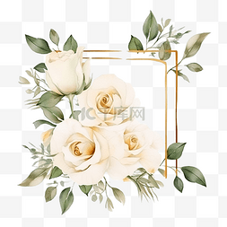 水图片_水彩白玫瑰花束，金色豪华方形框