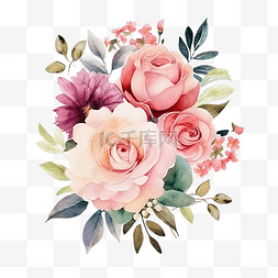 水彩插图片_水彩插花插圖花卉花束與玫瑰和綠