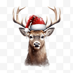 雪图片_戴着圣诞老人帽子的滑稽鹿冬季圣