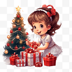 可爱优雅的女孩在圣诞树和壁炉旁