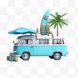 海冲浪板图片_蓝色汽车面包车与沙滩椅火烈鸟球