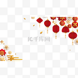 新年红色立体花朵图片_春节剪纸花枝灯笼边框