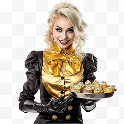 女士穿图片_身穿服务员服装配有金头骨角色扮