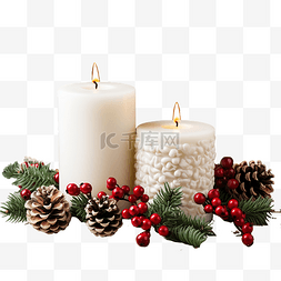 两支白色圣诞蜡烛和树枝花环的模