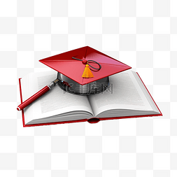 红色别针与打开的书和毕业帽放大