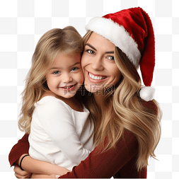 在家玩耍的孩子图片_母亲拥抱戴圣诞帽的女儿在家庆祝