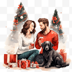 卡通夫妇家庭插画图片_几个人在家庆祝圣诞节假期