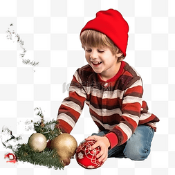 红房子图片_戴着红色圣诞帽的男孩装饰一个小