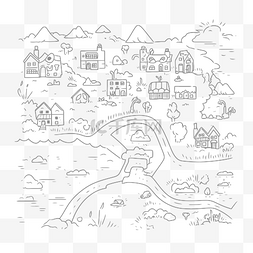黑白色手绘植物图片_有河有房子的小镇手绘插画 向量