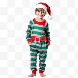 圣诞帽中的礼物图片_穿着圣诞睡衣和帽子的快乐小男孩