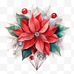 花卉水晶边框图片_水彩圣诞插画与水晶和一品红花