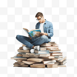 坐在书本和地球仪上的男人阅读概
