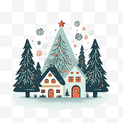 简约风格的房子和圣诞树插图