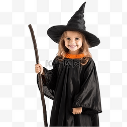 万圣节时穿着女巫服装拿着扫帚的