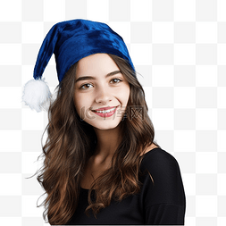 戴着圣诞帽的女孩，戴着孤立的蓝