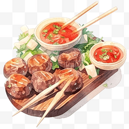 香港水彩图片_肉丸烤美味的亚洲街头食品粗糙的