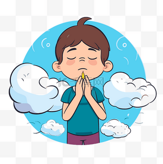 深呼吸剪贴画男孩在空中祈祷,背景插图卡通上有云彩 向量