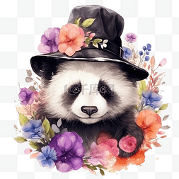 帽子与花图片_戴着帽子的水彩熊猫与花朵插图 ai