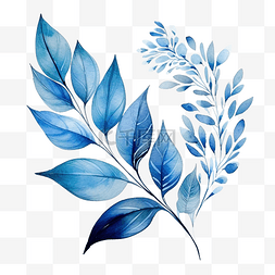 水彩生动树叶花卉蓝色元素