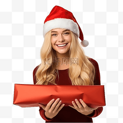 女性模特图片_戴着圣诞帽和礼物的金发女郎庆祝