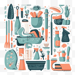 卡通厨房工具图片_清洁和消毒厨房工具和设备 向量