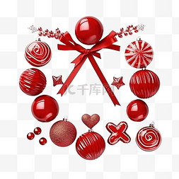红色圣诞装饰品，配有红丝带和圣