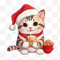 手绘插图饼干图片_圣诞快乐手绘卡通可爱猫咪吃饼干