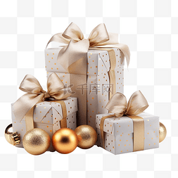 金色禮盒图片_几个包装纸礼品盒，配有丝带和圣